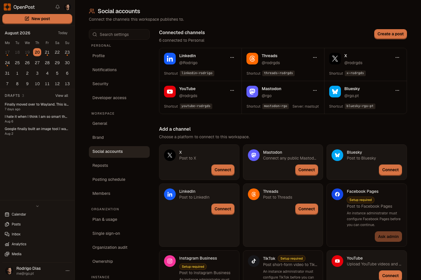 OpenPost connected social accounts page