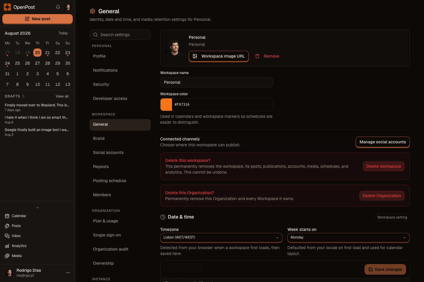 OpenPost workspace and account settings